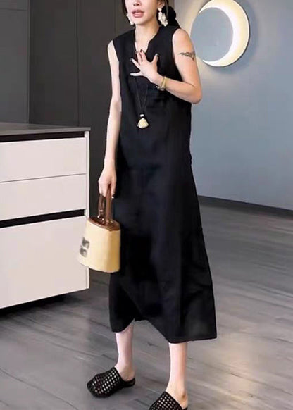 New Black V Neck Pockets Solid Cotton Long Dress Sleeveless