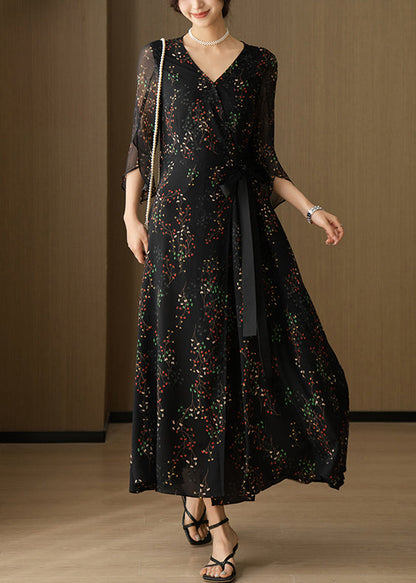New Black V Neck Print Chiffon Long Dresses Bracelet Sleeve