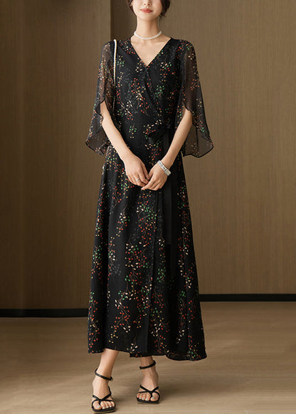 New Black V Neck Print Chiffon Long Dresses Bracelet Sleeve