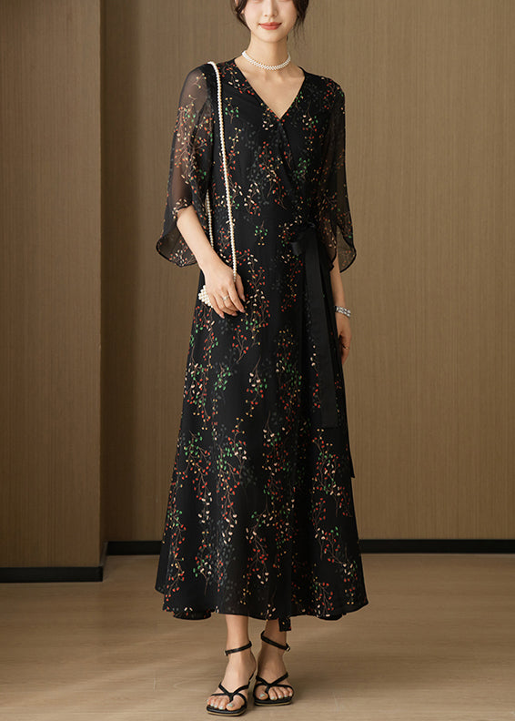 New Black V Neck Print Chiffon Long Dresses Bracelet Sleeve