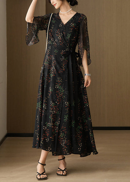 New Black V Neck Print Chiffon Long Dresses Bracelet Sleeve