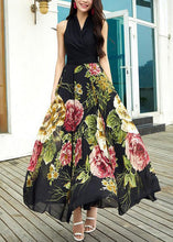 Load image into Gallery viewer, New Black V Neck Print Chiffon Long Dresses Sleeveless