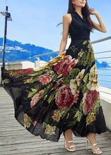 Load image into Gallery viewer, New Black V Neck Print Chiffon Long Dresses Sleeveless