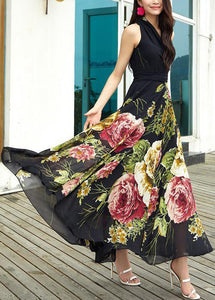 New Black V Neck Print Chiffon Long Dresses Sleeveless