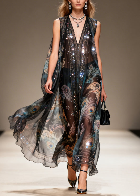 New Black V Neck Print Zircon Chiffon Long Dresses Summer