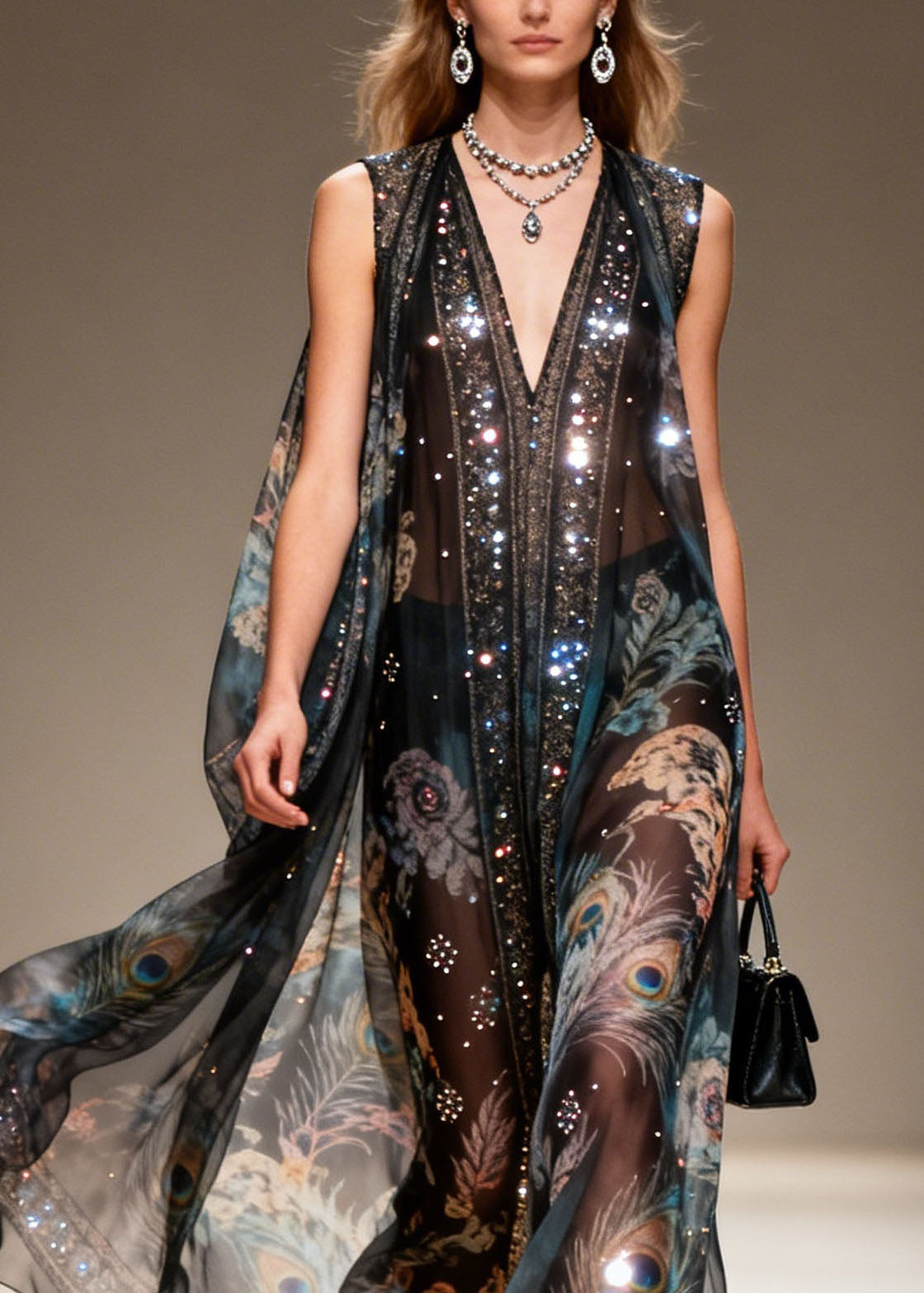 New Black V Neck Print Zircon Chiffon Long Dresses Summer