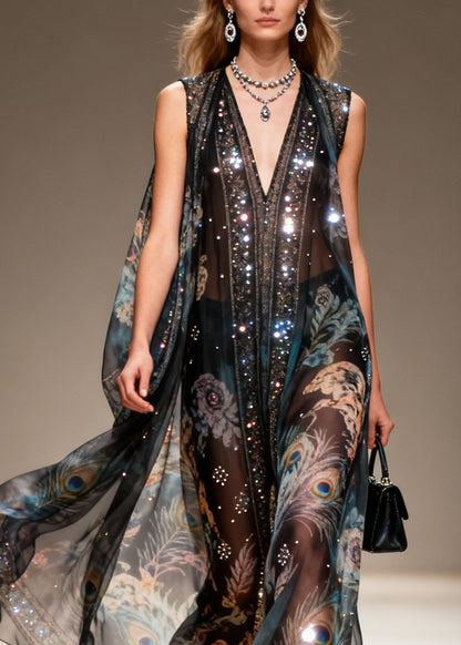 New Black V Neck Print Zircon Chiffon Long Dresses Summer