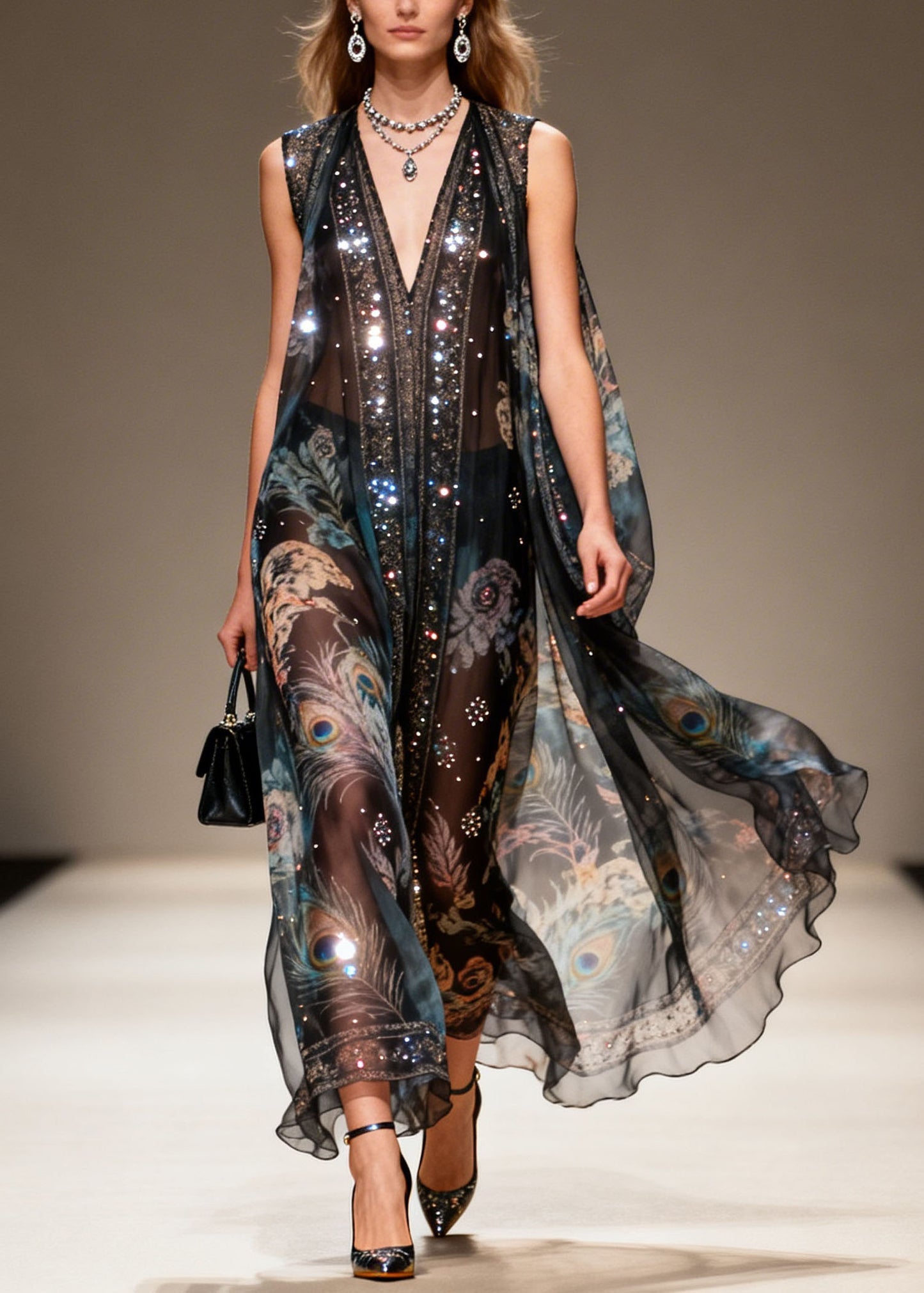 New Black V Neck Print Zircon Chiffon Long Dresses Summer