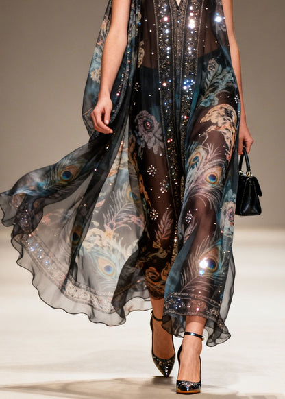New Black V Neck Print Zircon Chiffon Long Dresses Summer