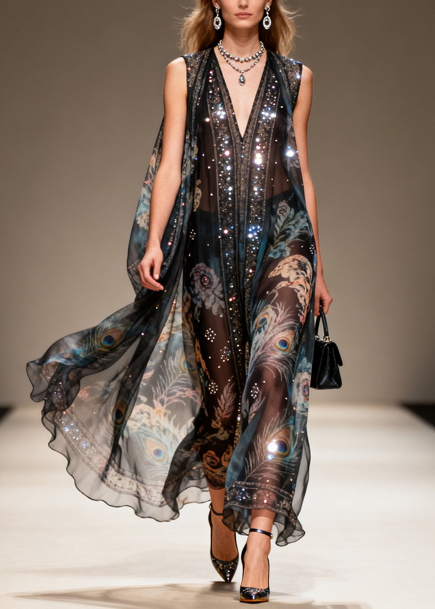 New Black V Neck Print Zircon Chiffon Long Dresses Summer