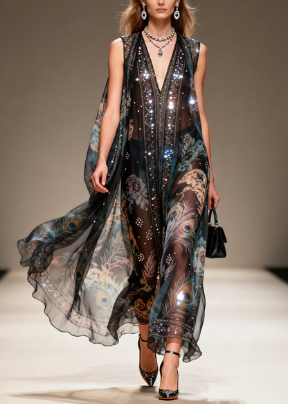 New Black V Neck Print Zircon Chiffon Long Dresses Summer