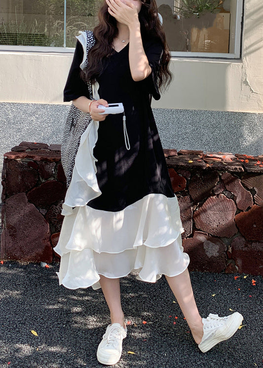 New Black V Neck Ruffled Patchwork Cotton Long Dresses Summer