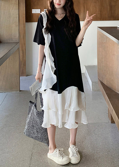 New Black V Neck Ruffled Patchwork Cotton Long Dresses Summer