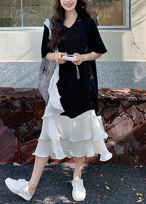 New Black V Neck Ruffled Patchwork Cotton Long Dresses Summer