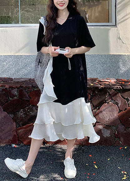 New Black V Neck Ruffled Patchwork Cotton Long Dresses Summer