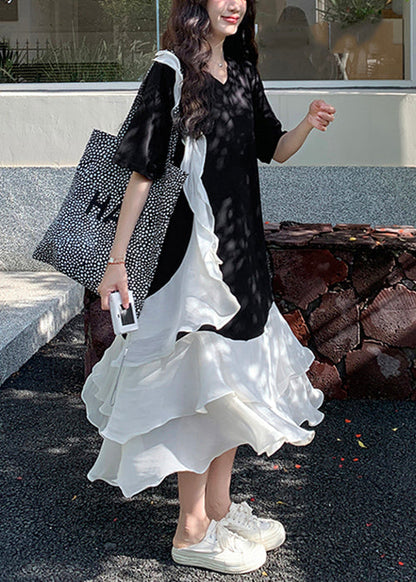 New Black V Neck Ruffled Patchwork Cotton Long Dresses Summer