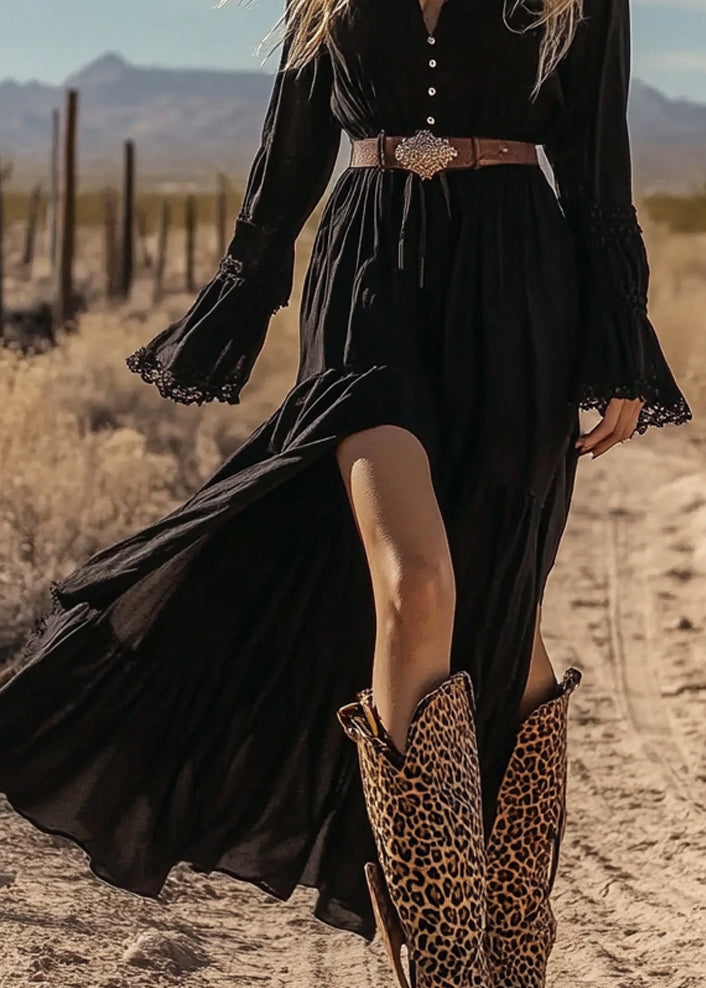 New Black V Neck Wrinkled Patchwork Cotton Long Dresses Spring