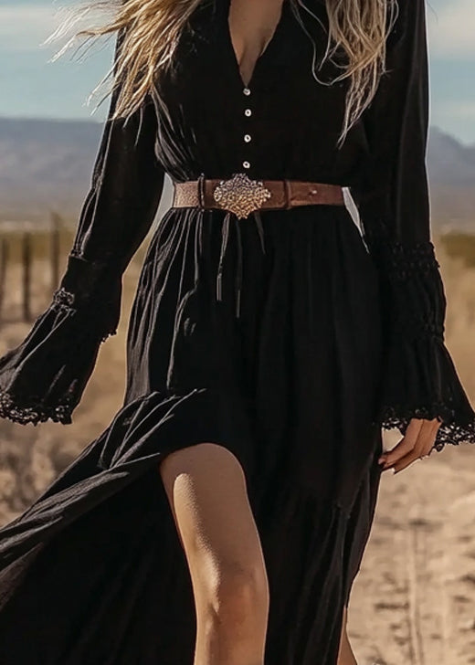 New Black V Neck Wrinkled Patchwork Cotton Long Dresses Spring