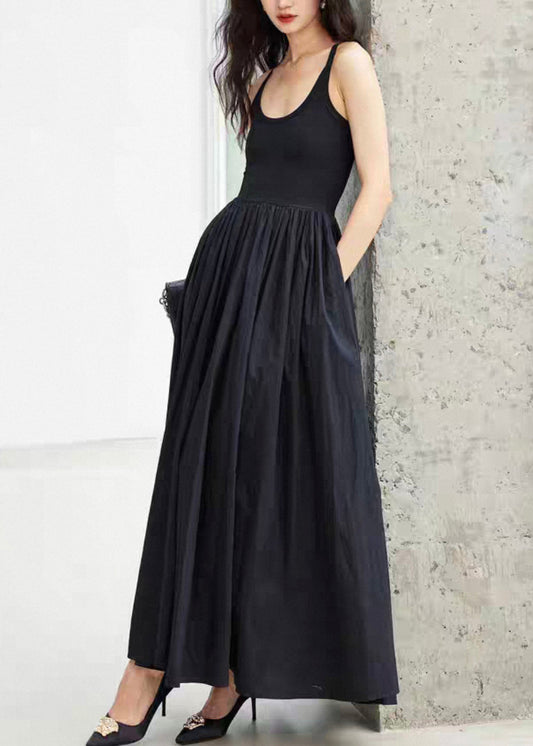 New Black Wrinkled Pockets Cotton Spaghetti Strap Dress Sleeveless