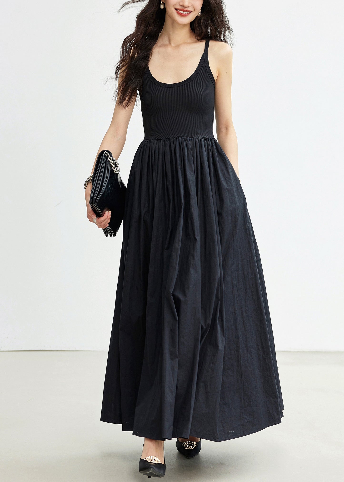 New Black Wrinkled Pockets Cotton Spaghetti Strap Dress Sleeveless