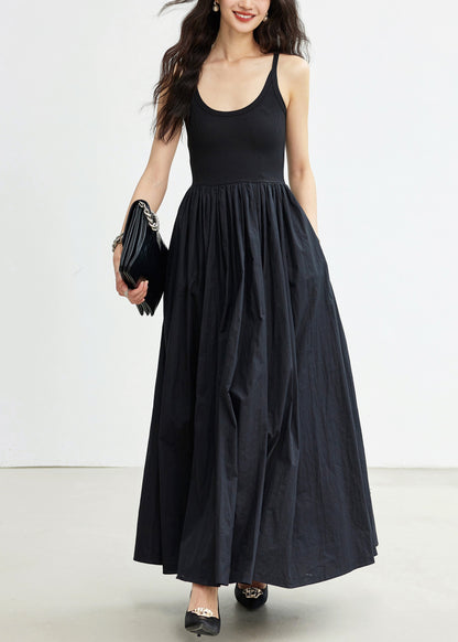 New Black Wrinkled Pockets Cotton Spaghetti Strap Dress Sleeveless