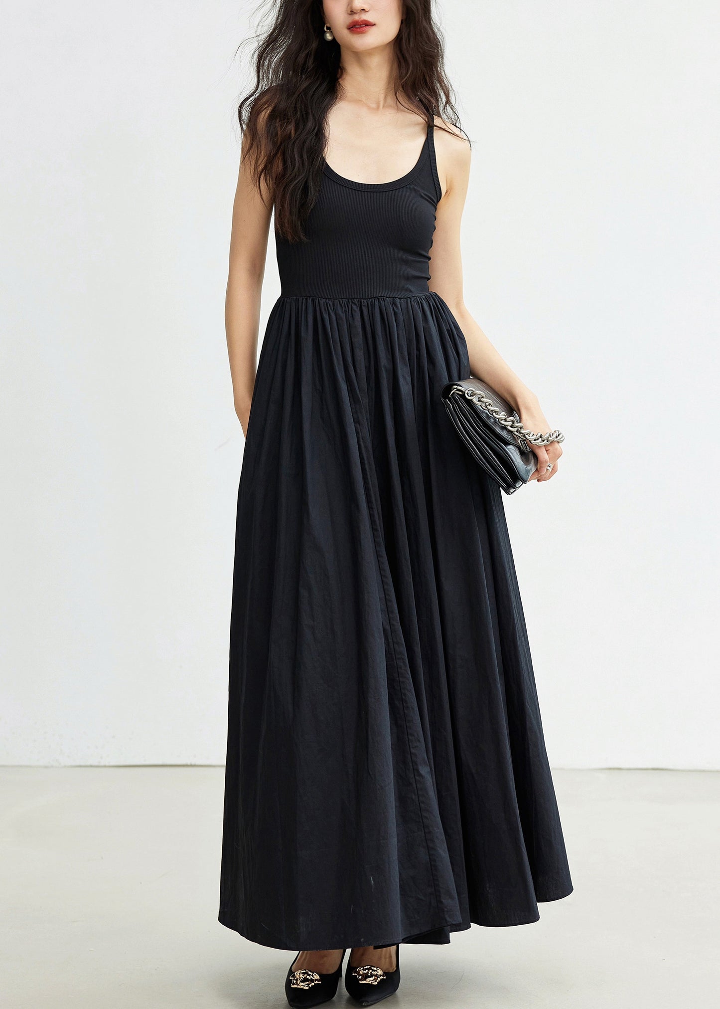 New Black Wrinkled Pockets Cotton Spaghetti Strap Dress Sleeveless