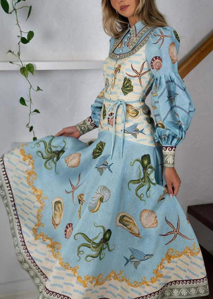 New Blue Button Print Lace Up Cotton Long Dress Spring