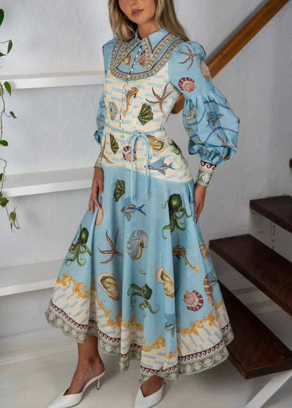 New Blue Button Print Lace Up Cotton Long Dress Spring