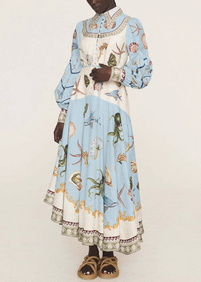 New Blue Button Print Lace Up Cotton Long Dress Spring