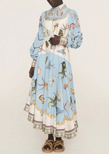 New Blue Button Print Lace Up Cotton Long Dress Spring