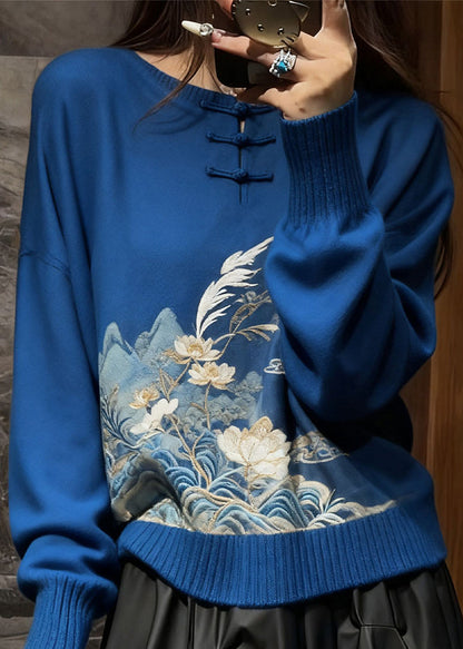 New Blue Embroidered Button Cozy Knit Sweaters Spring