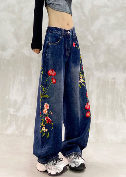 New Blue Embroidered Patchwork Straight Jeans Fall