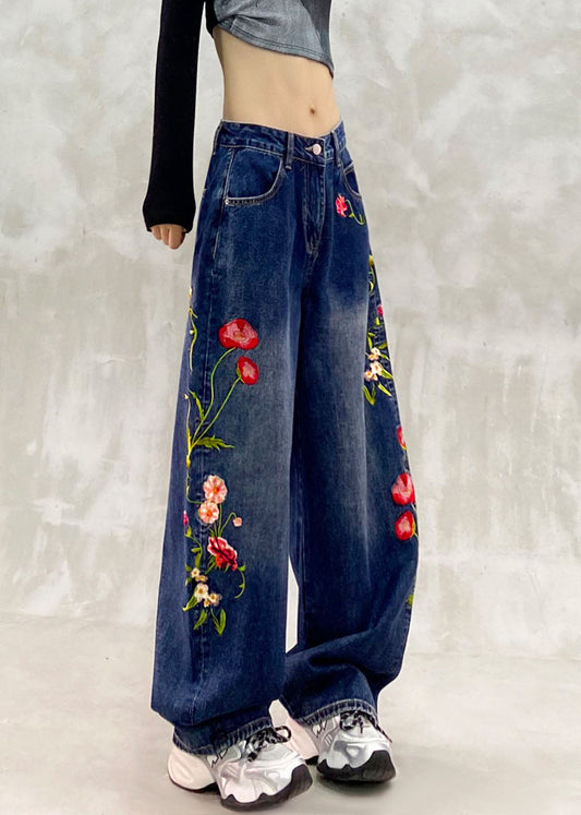 New Blue Embroidered Patchwork Straight Jeans Fall