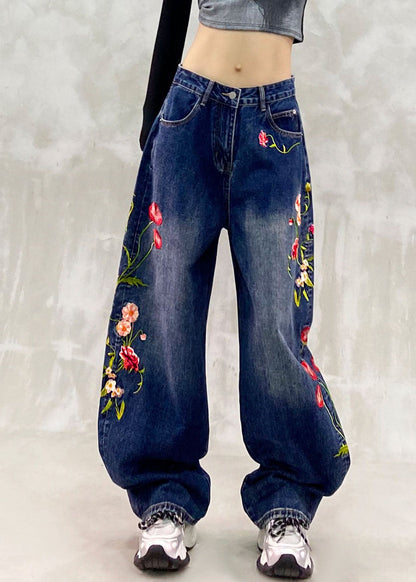 New Blue Embroidered Patchwork Straight Jeans Fall