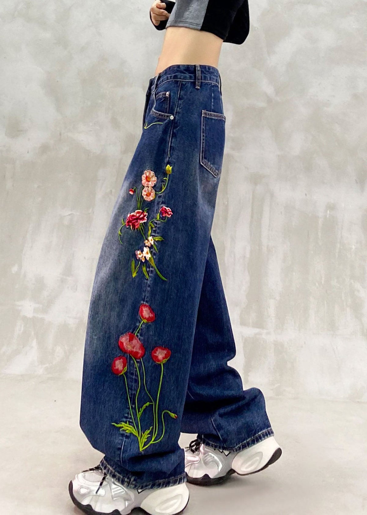 New Blue Embroidered Patchwork Straight Jeans Fall