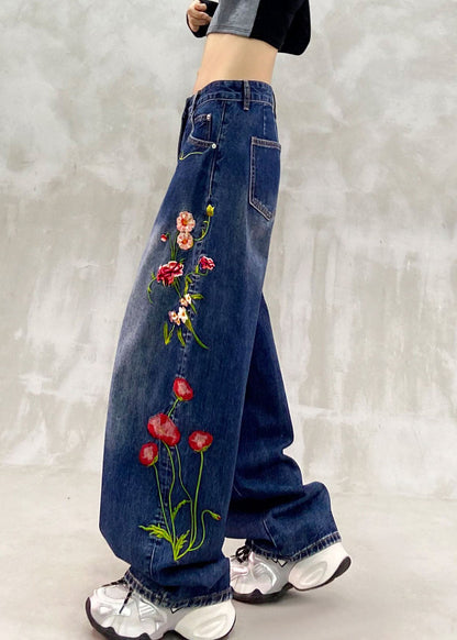 New Blue Embroidered Patchwork Straight Jeans Fall