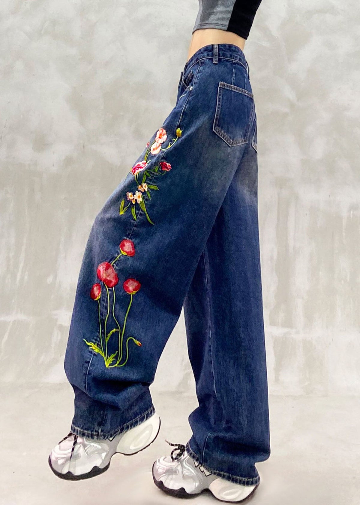 New Blue Embroidered Patchwork Straight Jeans Fall
