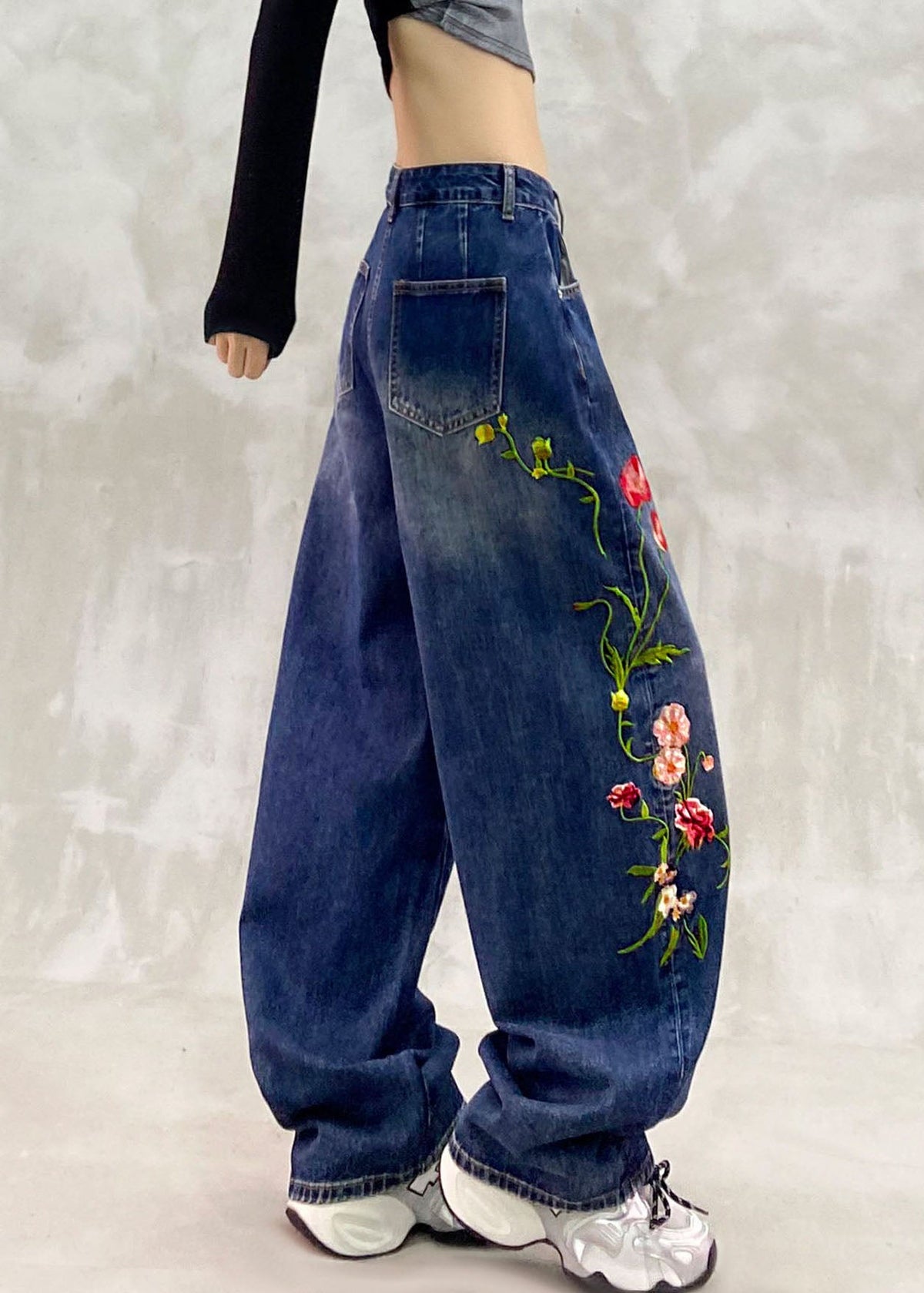 New Blue Embroidered Patchwork Straight Jeans Fall