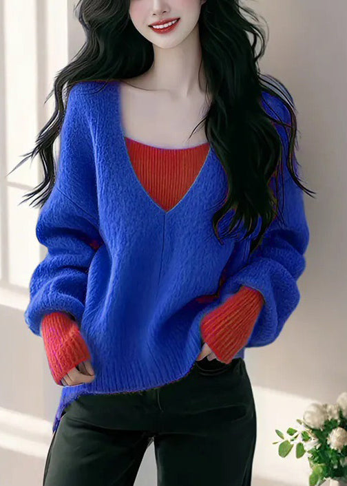 New Blue False Two Pieces Patchwork Knit Sweaters Fall