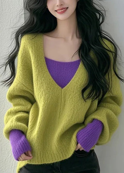 New Blue False Two Pieces Patchwork Knit Sweaters Fall