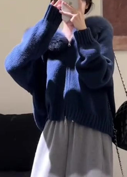 New Blue Hooded Fur Collar Zippered Knit Coats Winter