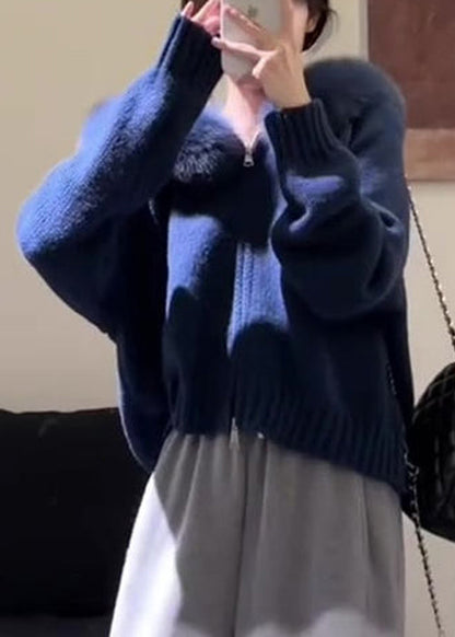 New Blue Hooded Fur Collar Zippered Knit Coats Winter