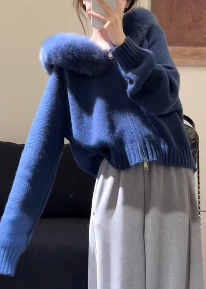 New Blue Hooded Fur Collar Zippered Knit Coats Winter