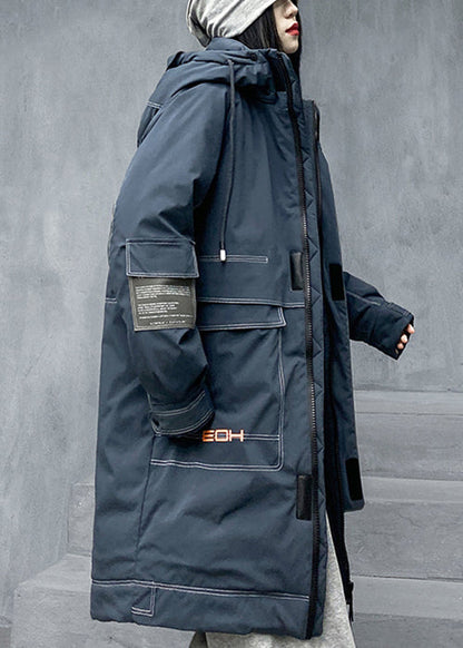 New Blue Hooded Zippered Patchwork Coats Winter