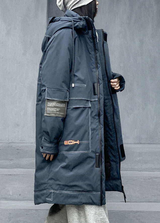 New Blue Hooded Zippered Patchwork Coats Winter