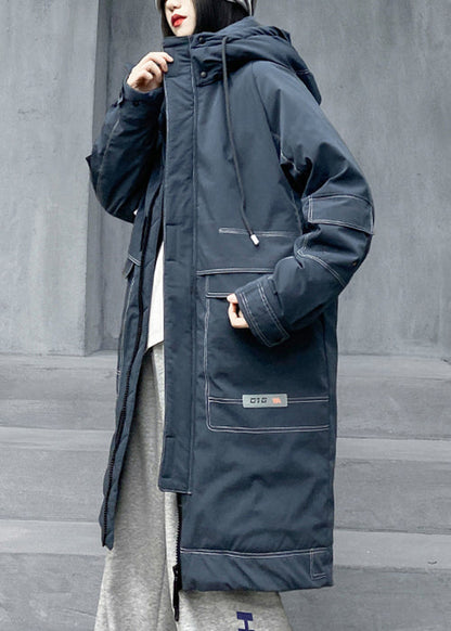 New Blue Hooded Zippered Patchwork Coats Winter