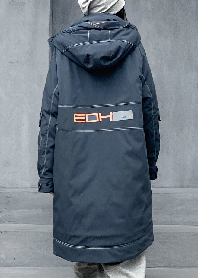 New Blue Hooded Zippered Patchwork Coats Winter