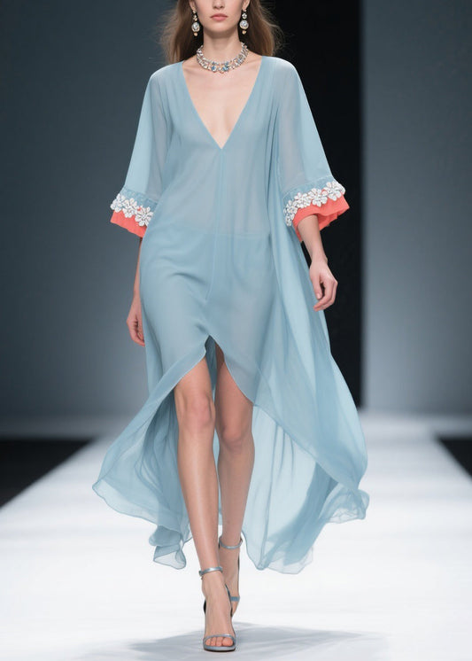 New Blue Low High Design Floral Patchwork Chiffon Dresses Bracelet Sleeve