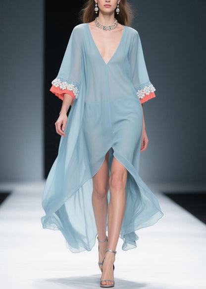 New Blue Low High Design Floral Patchwork Chiffon Dresses Bracelet Sleeve