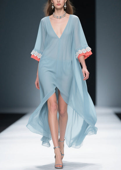 New Blue Low High Design Floral Patchwork Chiffon Dresses Bracelet Sleeve